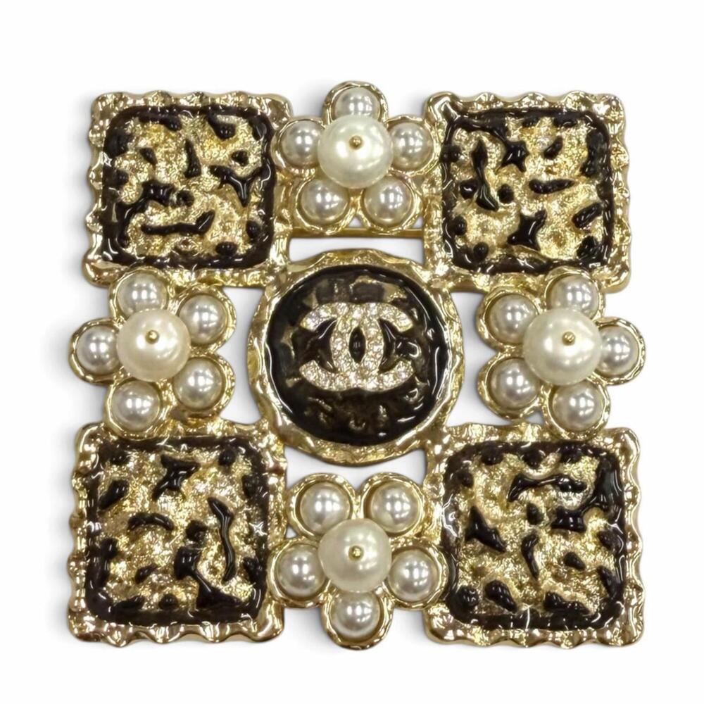 CHANEL Black Pearl Logo Brooch